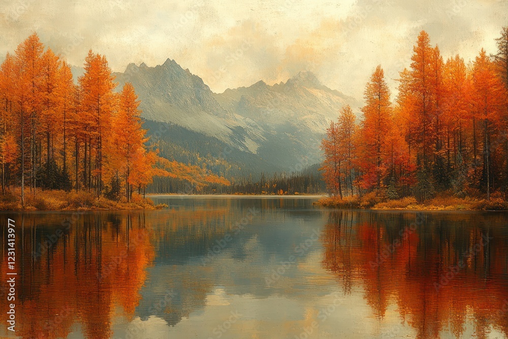 Fototapeta premium Serene Autumn Landscape with Calm Lake Reflecting Vibrant Trees and Snow-Capped Mountains in Tranquil Nature