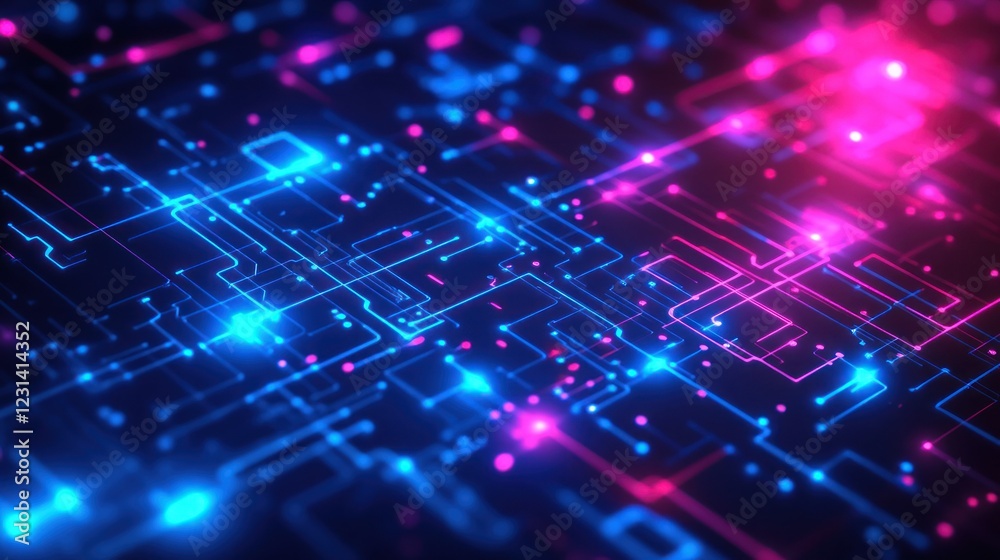Glowing blue and pink lines pattern over dark background for digital technology design Glowing blue and pink lines pattern over dark background for digital technology design