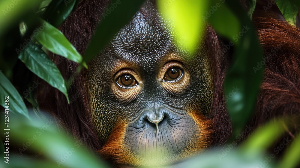 Obraz premium Orangutan peering through lush foliage.