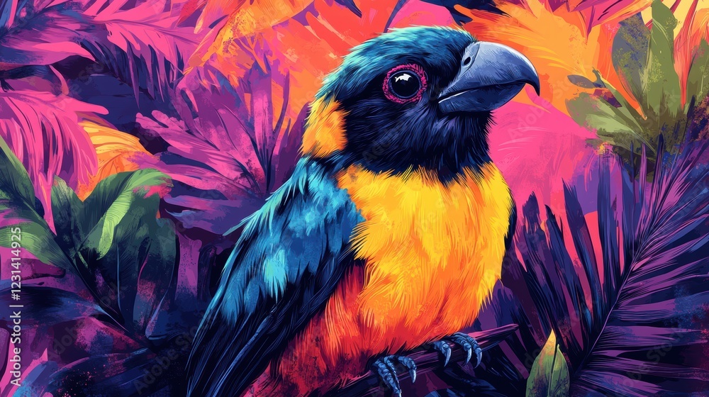 Obraz premium A hand-drawn illustration of a tropical bird with bright feathers, set against a vivid background of colorful foliage.