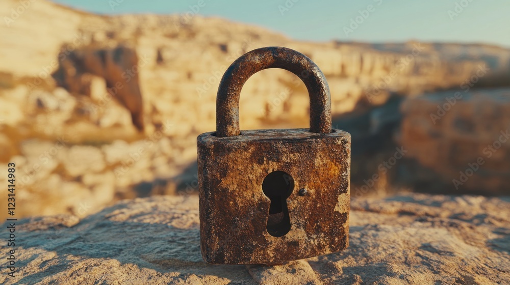 Rusted padlock on rock against blurred ancient ruins background. Rusted padlock on rock against blurred ancient ruins background.