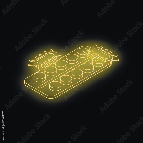 Neon blister pack fighting bacteria with isometric view, representing concept of healthcare and medicine