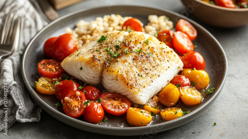 Mediterranean Baked Fish with Burst Tomatoes: A Healthy, Delicious Meal red food diet lunch plate   