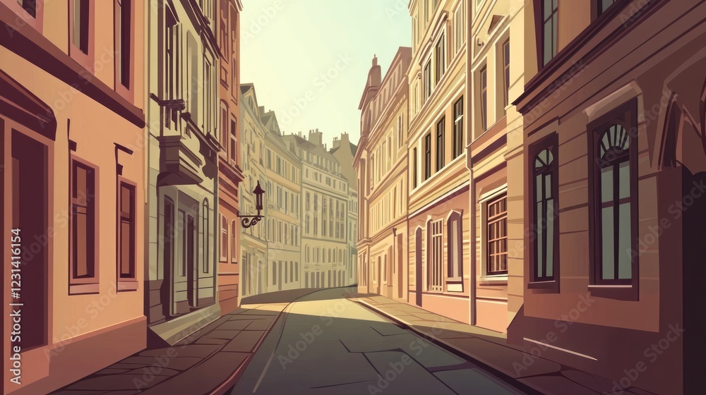 Sunlit cobblestone street between aged European buildings. Sunlit cobblestone street between aged European buildings.