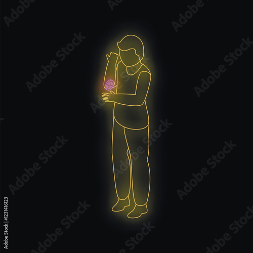 Neon style illustration representing a man experiencing elbow pain, touching his arm, ideal for health related topics