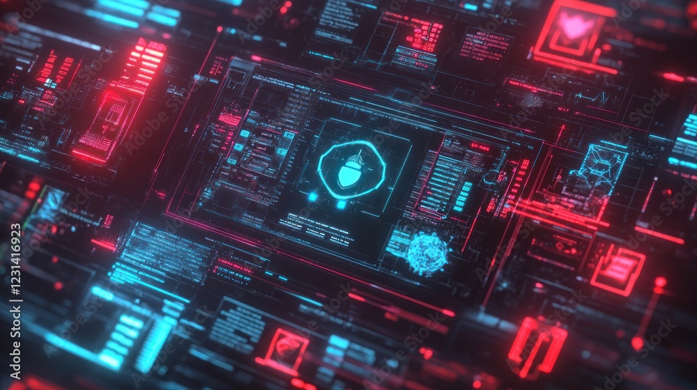 Obraz premium Futuristic digital interface with glowing data streams and a central security icon.