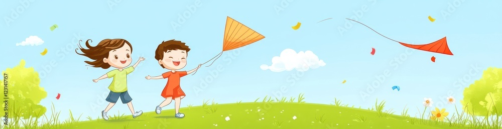 Happy children flying kites on a sunny day in a green field.