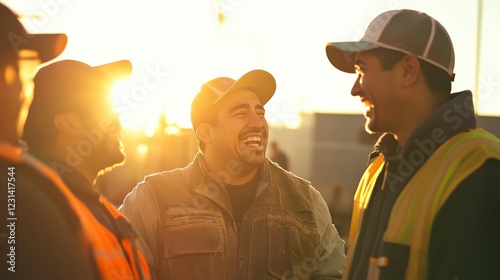 Diverse group of construction workers laughing together, sun flare adding a nostalgic feel.