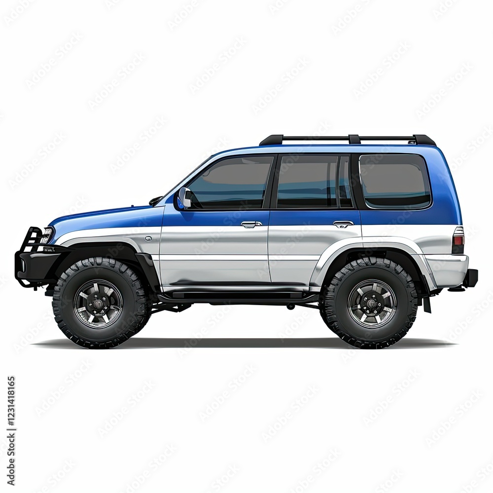 A side view illustration of a blue and white SUV with off-road features. isolated on white background A side view illustration of a blue and white SUV with off-road features. isolated on white background