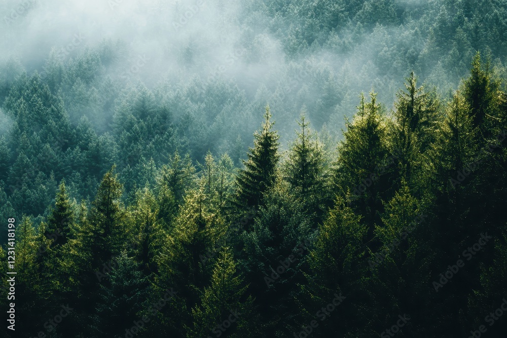 Misty mountain forest, pine trees, aerial view, nature background, website banner Misty mountain forest, pine trees, aerial view, nature background, website banner