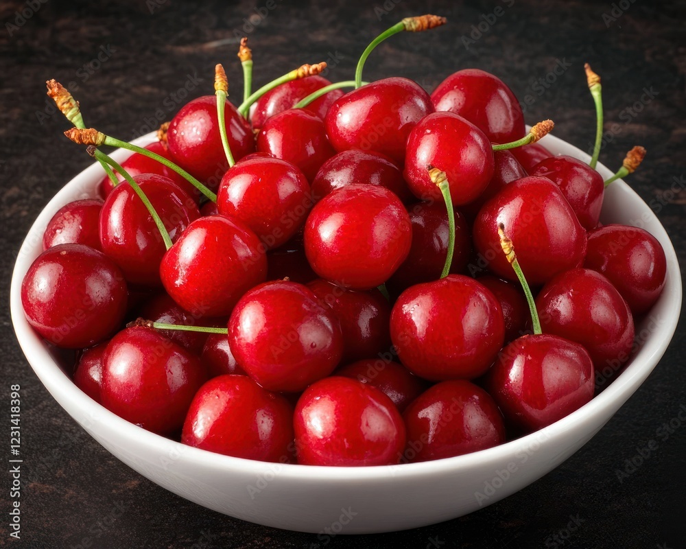 A white bowl filled with ripe, red cherries. A white bowl filled with ripe, red cherries.