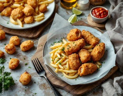 From above of delicious chicken fingers and patatas bravas arranged on table near croquettes photo