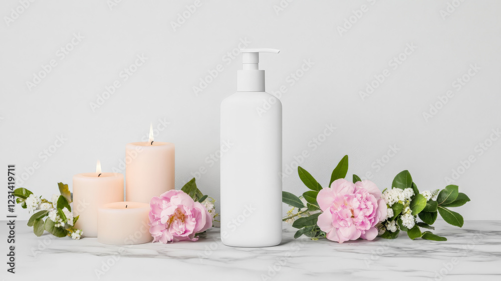 Serene spa setting with candles, flowers, and a pump bottle of lotion. Perfect for relaxation and self-care. Serene spa setting with candles, flowers, and a pump bottle of lotion. Perfect for relaxation and self-care.