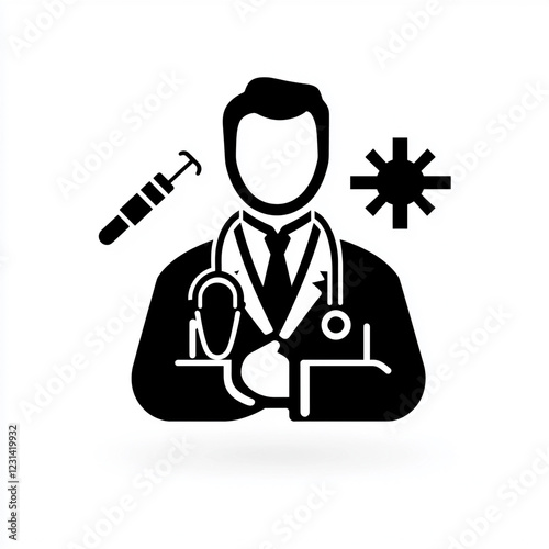 A monochrome illustration of a doctor, depicted with medical instruments such as a syringe and stethoscope, and a virus symbol. The image symbolizes healthcare, medicine, and disease prevention.