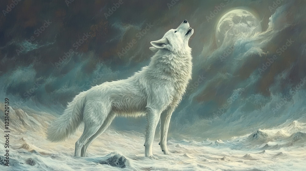 Fototapeta premium Arctic wolf howling at moon, snowy landscape, nighttime