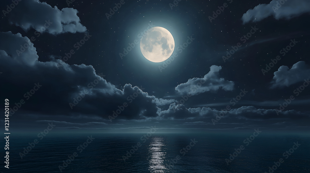 Enchanting full moon reflection shimmering across the calm waters Enchanting full moon reflection shimmering across the calm waters
