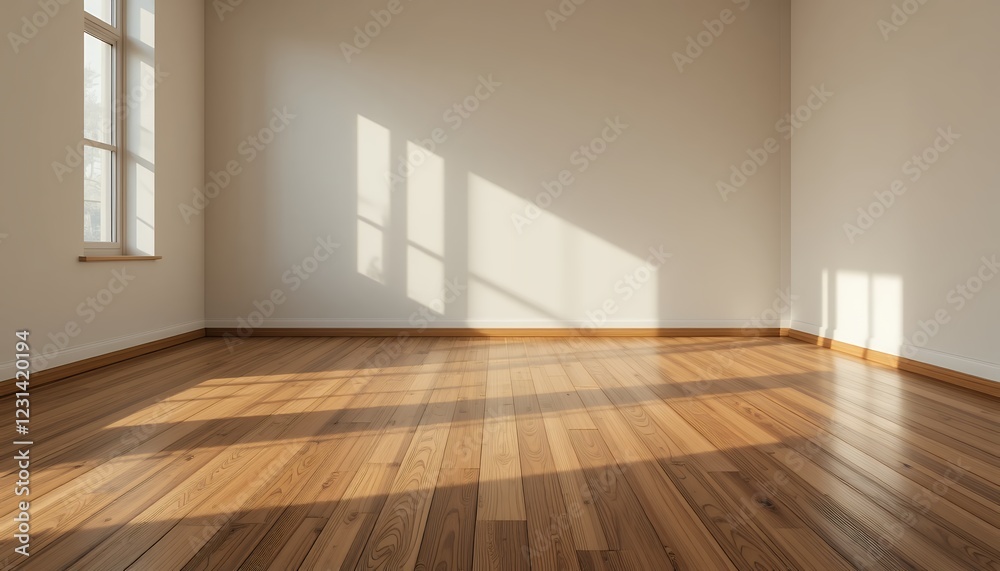 Empty room with wooden floor and sunlight coming through the window creates peaceful scene Empty room with wooden floor and sunlight coming through the window creates peaceful scene