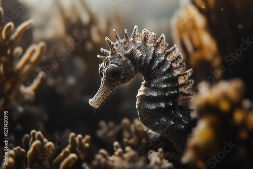 Close-up of a pygmy seahorse camouflaged amongst coral. photo