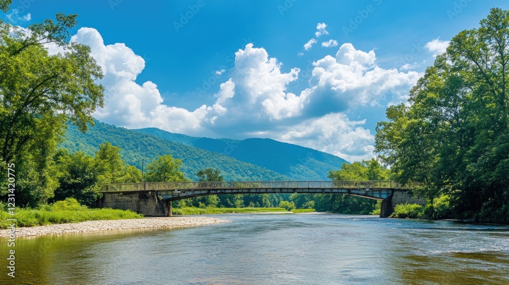 Fototapeta premium Scenic river landscape with bridge, lush green trees, and mountains under a sunny sky.
