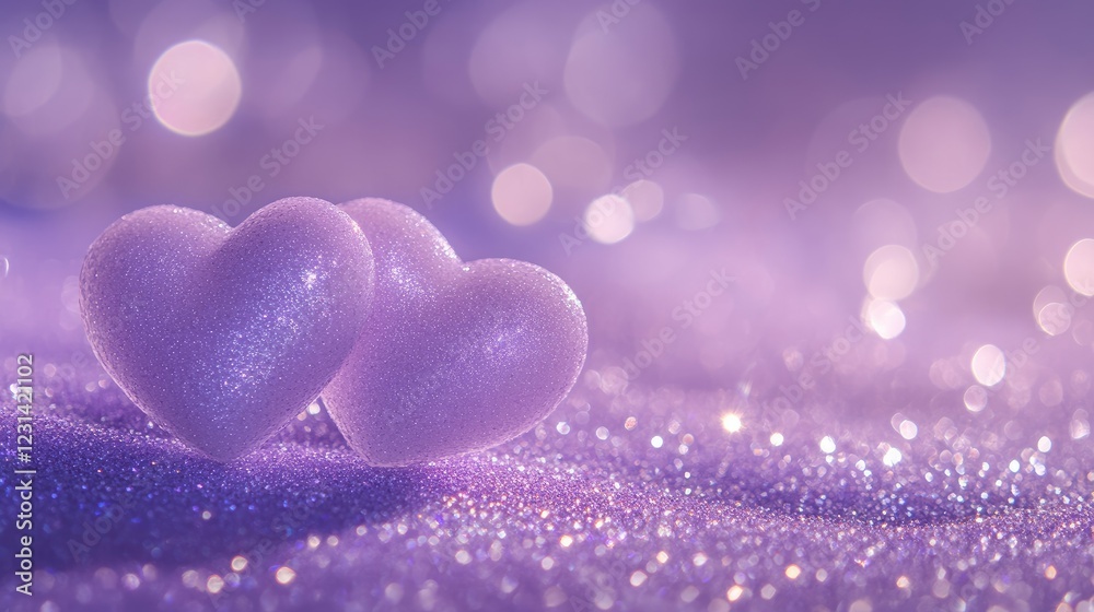 Two soft purple hearts on a purple glitter background, featuring blurred shimmering elements for a whimsical and romantic design with a touch of magic Two soft purple hearts on a purple glitter background, featuring blurred shimmering elements for a whimsical and romantic design with a touch of magic