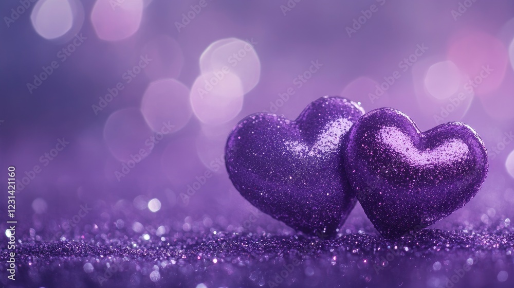 Fototapeta premium Two sparkling purple hearts on a shimmering purple glitter background, creating a dreamy and romantic atmosphere with blurred shiny details