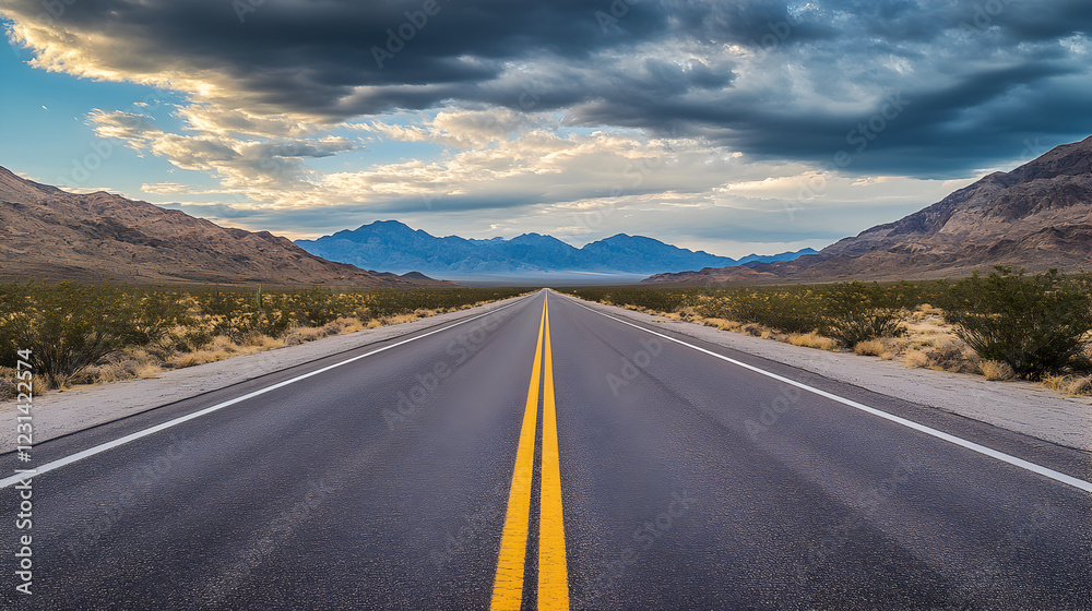 Naklejka premium highway cutting through the desert with a dramatic sky and mountains in the distance