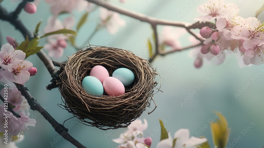 Fototapeta premium Spring Bird Nest Eggs Blossom Branch Easter