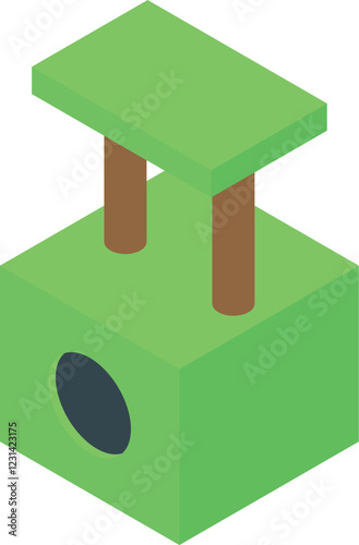 Isometric view of a green cat tree condo, providing a comfortable and stimulating environment for feline companions