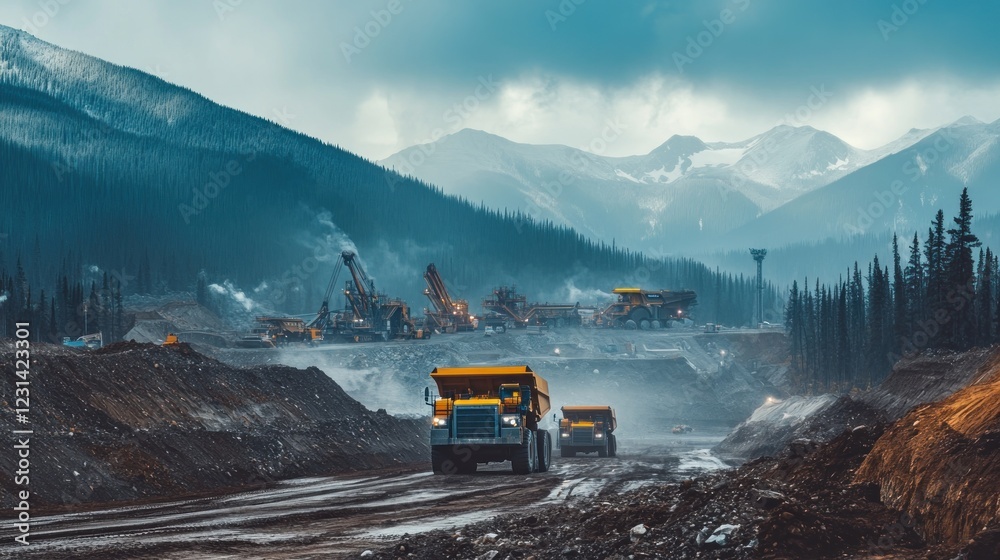 Mining trucks on a mountain road, hauling materials from a mine site. Mining trucks on a mountain road, hauling materials from a mine site.