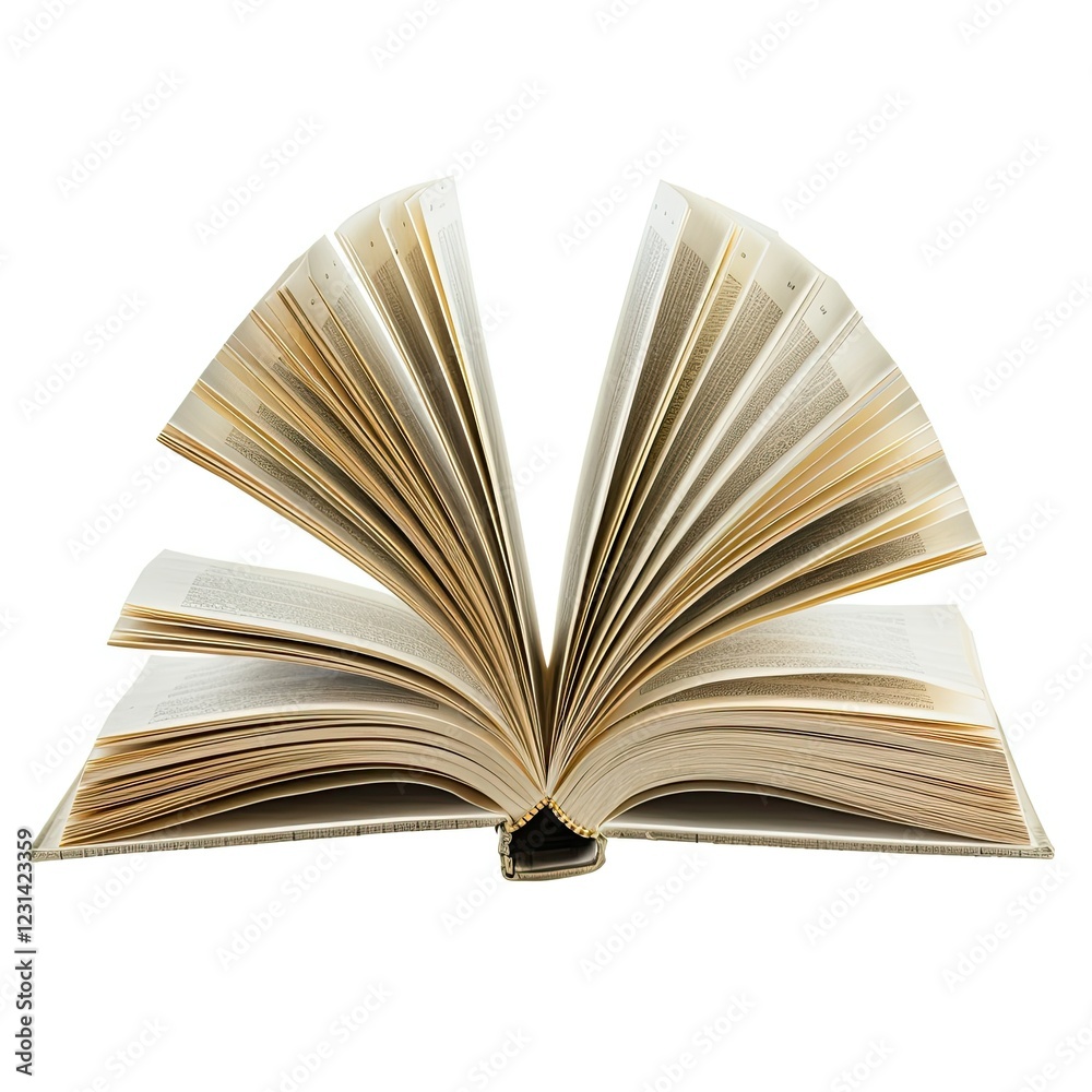 An open book displaying its pages, showcasing text and a classic design. isolated on white background An open book displaying its pages, showcasing text and a classic design. isolated on white background
