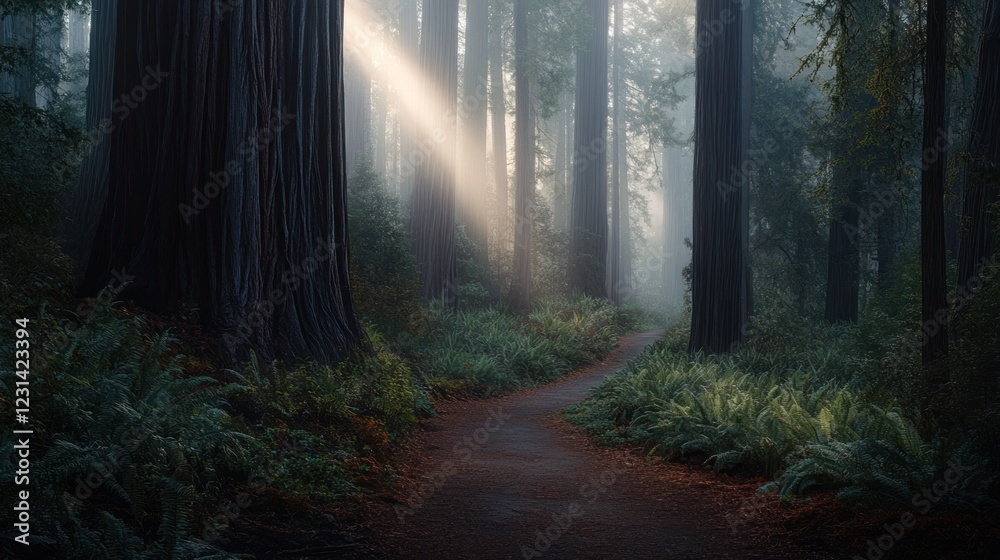 Fototapeta premium Sunbeam illuminates path through misty redwood forest.