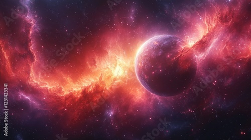 Cosmic Scene of Fiery Planet and Colorful Nebulae in Vibrant Universe
