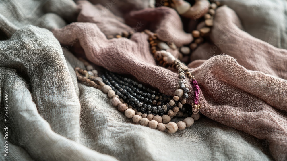 Artistic composition of layered necklaces draped over soft linen fabric, emphasizing natural tones and textures. Artistic composition of layered necklaces draped over soft linen fabric, emphasizing natural tones and textures.