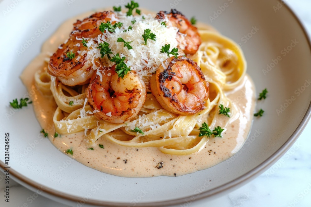Creamy pasta dish topped with grilled shrimp, garnished with fre Creamy pasta dish topped with grilled shrimp, garnished with fre