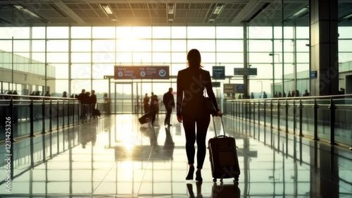 Businesswoman Walking Through Airport Terminal at Sunset