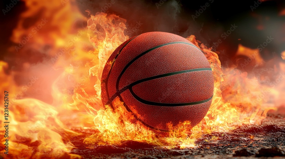 Fiery Basketball: A Dramatic Close-Up of a Burning Basketball, Symbolizing Intense Competition and Unwavering Passion in the Game Fiery Basketball: A Dramatic Close-Up of a Burning Basketball, Symbolizing Intense Competition and Unwavering Passion in the Game