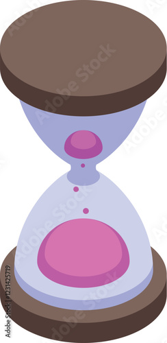 Isometric hourglass with falling pink sand, symbolizing time passing