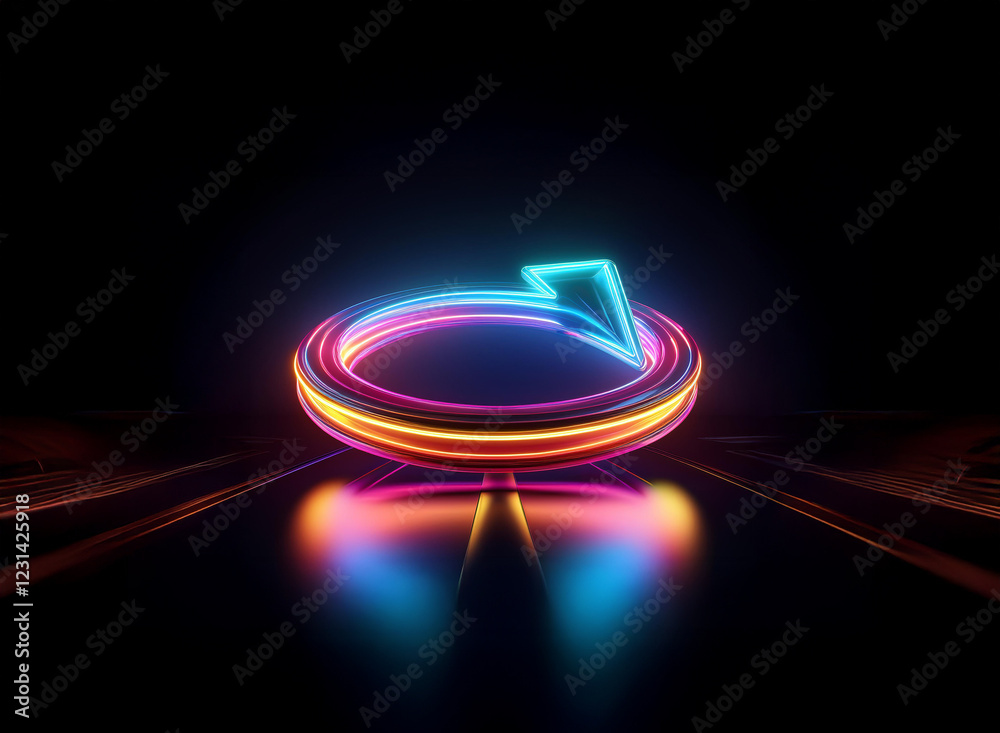 Vibrant neon arrow forming a circular loop, glowing brightly on a reflective dark surface. The colors are dynamic and suggest continuous motion. Vibrant neon arrow forming a circular loop, glowing brightly on a reflective dark surface. The colors are dynamic and suggest continuous motion.