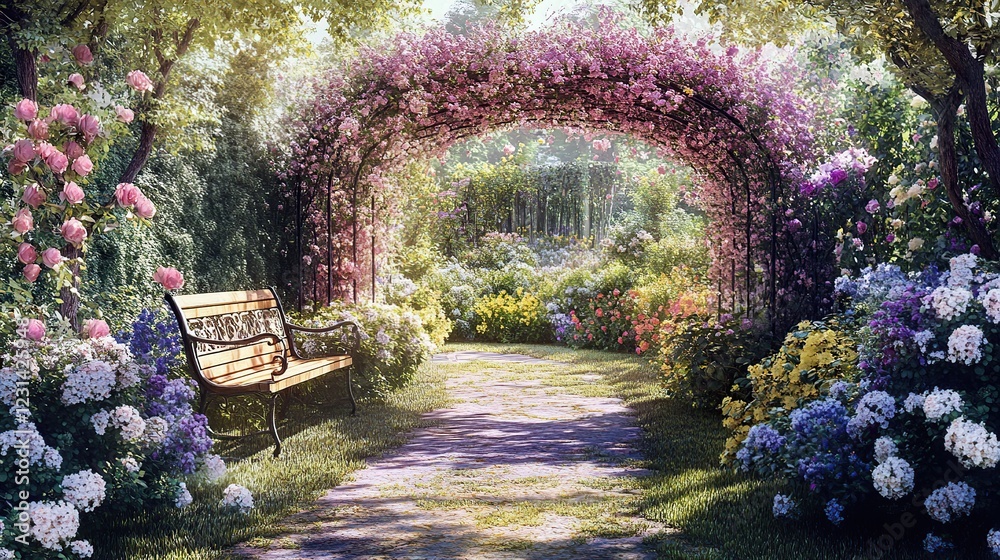 Fototapeta premium Tranquil floral arch garden path bench spring