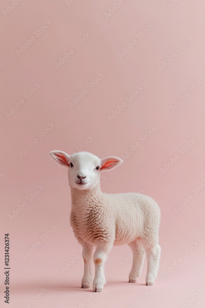 Soft lamb stands against gentle pink backdrop, showcasing innoce Soft lamb stands against gentle pink backdrop, showcasing innoce