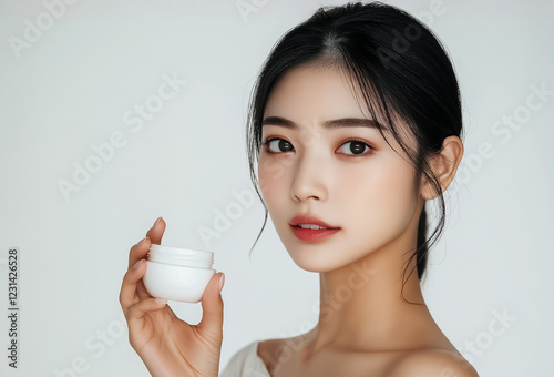 Asian woman cosmetic model holding a luxurious white small cream jar elegantly in her hand. Isolated on a white background
