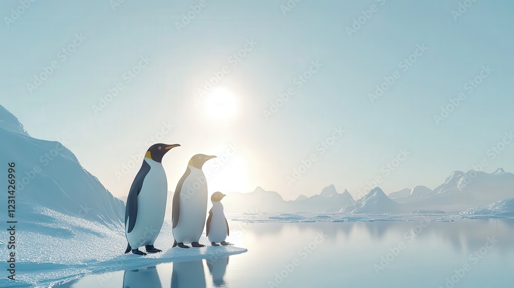 Fototapeta premium Penguin Family Gazing at the Horizon: A trio of penguins, including a curious chick, stands on an iceberg, gazing out at the frozen landscape and the sun glistening on the icy water.