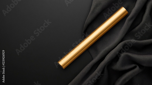 Elegant gold cylinder on dark fabric. Luxurious, minimalist style. Perfect for branding or product photography.