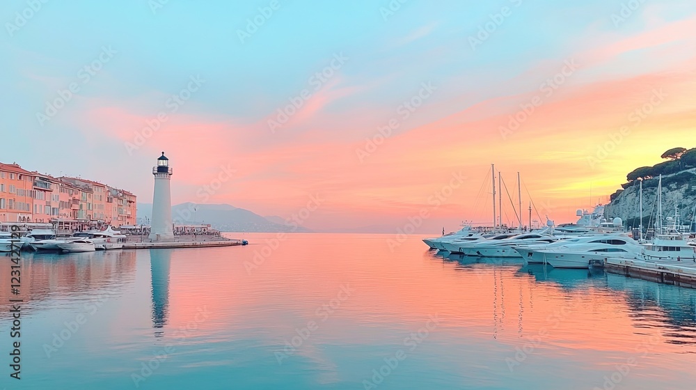 Serene harbor at sunset, featuring lighthouse and calm waters re