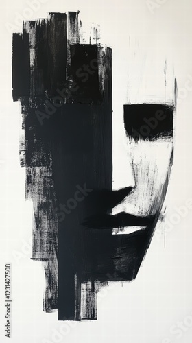 A minimalist modern abstract painting of black and white forms with sharp, clean lines and empty spaces to evoke simplicity and elegance.