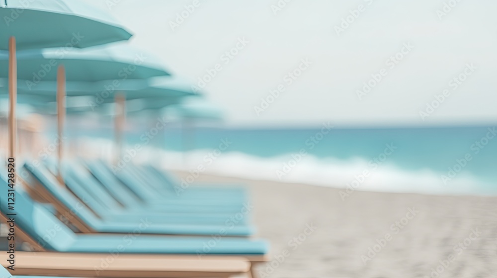 Obraz premium Sunlit beach scene featuring lined loungers and umbrellas, evoki