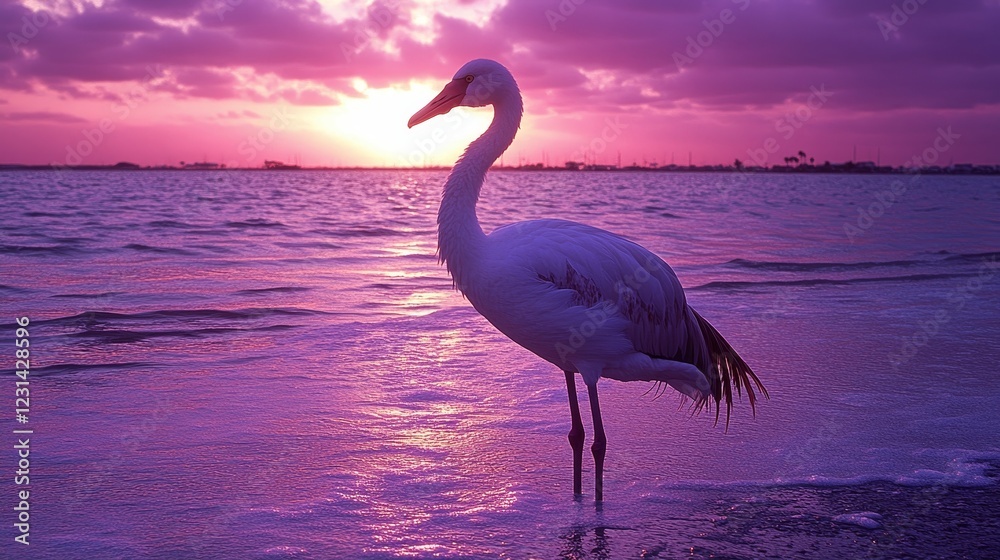 Fototapeta premium Solitary Flamingo at Sunset in Purple Hues, Coastal Serenity