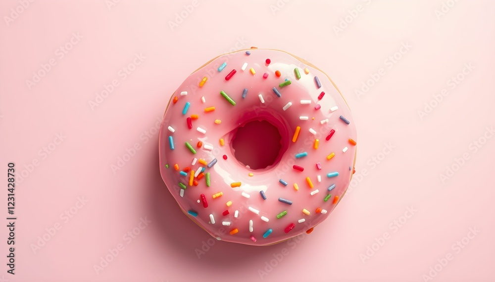 Pink donut, colorful sprinkles, pastel background, soft lighting, minimalist composition, top-down view, vibrant colors, glossy glaze, sweet treat, circular shape, food photography Pink donut, colorful sprinkles, pastel background, soft lighting, minimalist composition, top-down view, vibrant colors, glossy glaze, sweet treat, circular shape, food photography