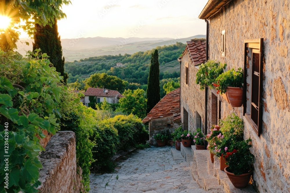 Fototapeta premium Charming stone pathway framed by lush greenery and warm sunset g