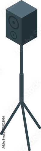 Isometric view of a professional monitor speaker standing on a tripod stand, ready for sound recording and playback in a studio or stage environment
